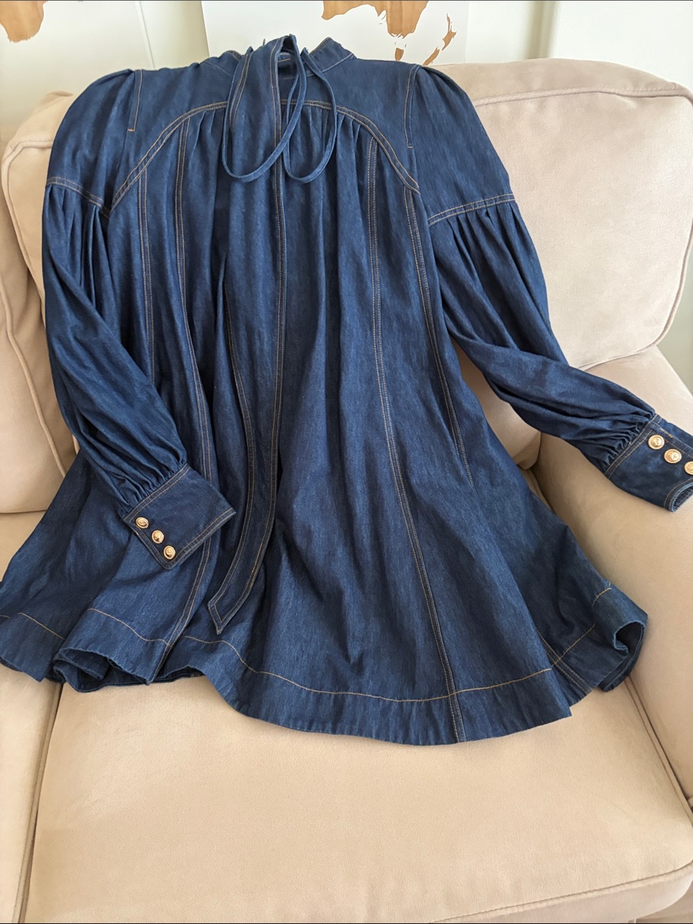 Women's Dark Blue Denim Tie-Neck Tunic Blouse